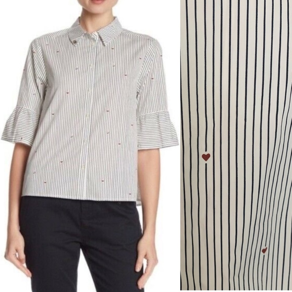 Scotch & Soda Ruffled Half-Sleeve Striped Heart Collared Button-Up Shirt